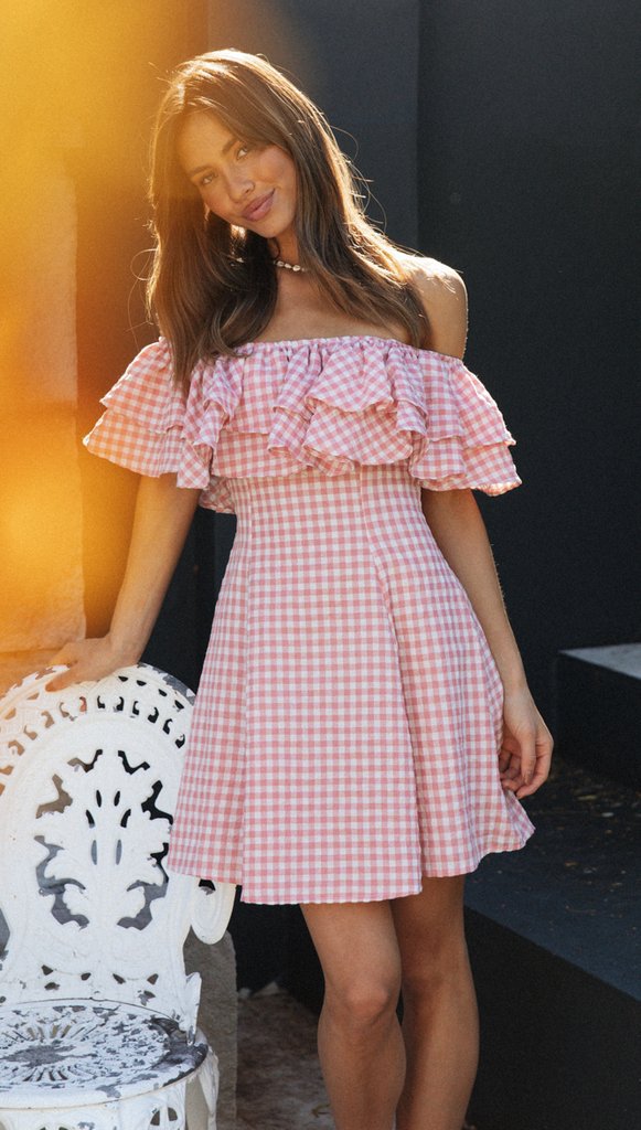 Women Clothing New Plaid off-Shoulder Ruffled Collar Show Fashion Dress by Ragazza