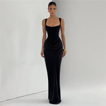 Autumn Winter Women Clothing Solid Color Elegant Slim Backless Square Collar Strap Dress for Women by Ragazza