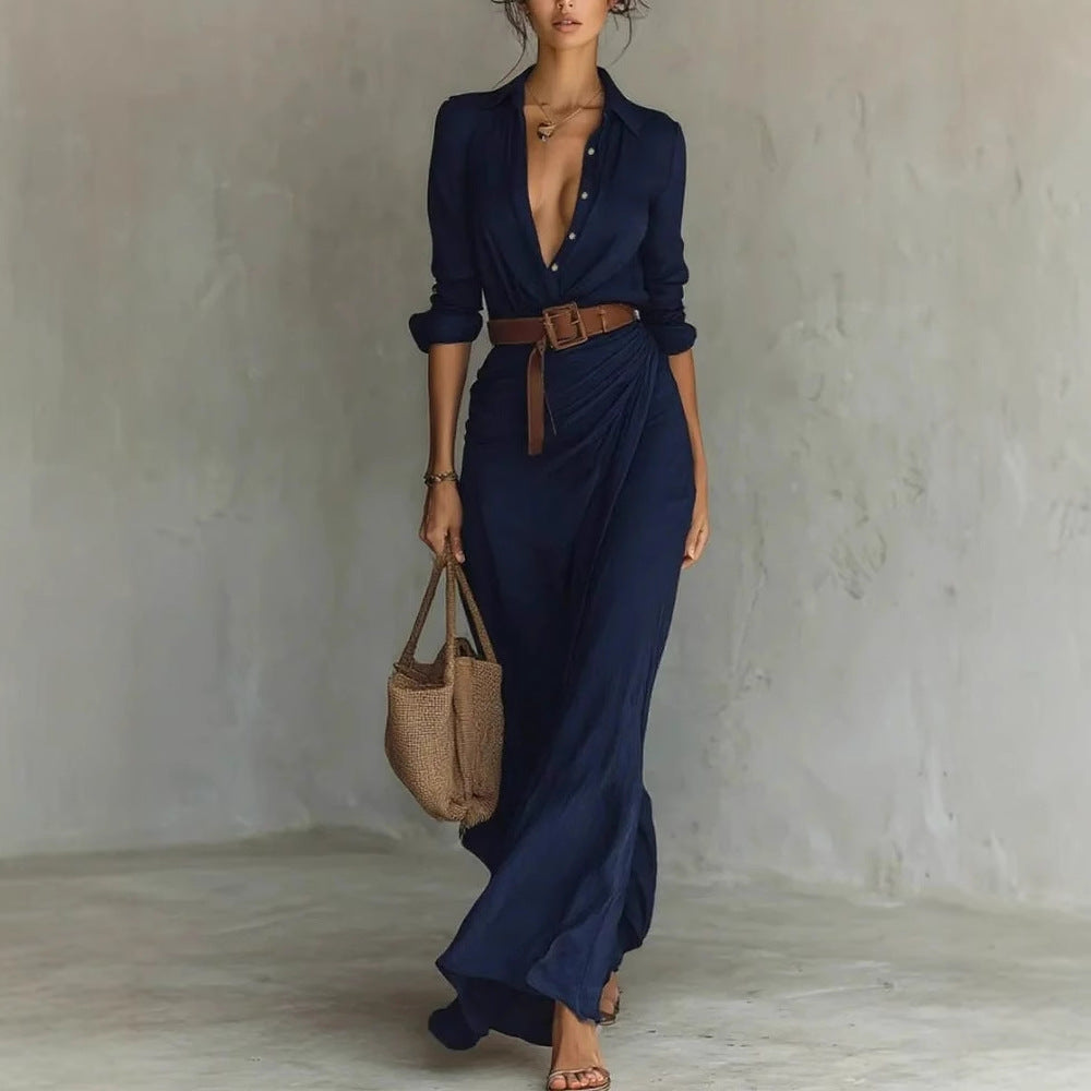 Women Clothing Autumn Elegant Graceful Sexy Solid Color Irregular Asymmetric Pleated Dress with Belt by Ragazza