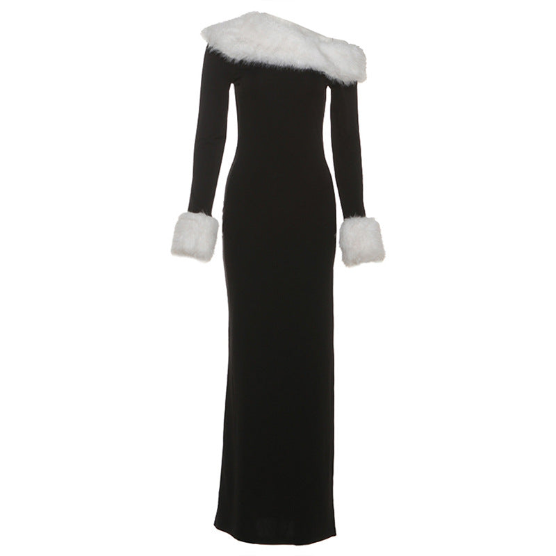 Autumn Winter Women Sexy Fur Collar Stitching Slim Fit Oblique Shoulder Color Matching Long Sleeve Elegant Dress by Ragazza