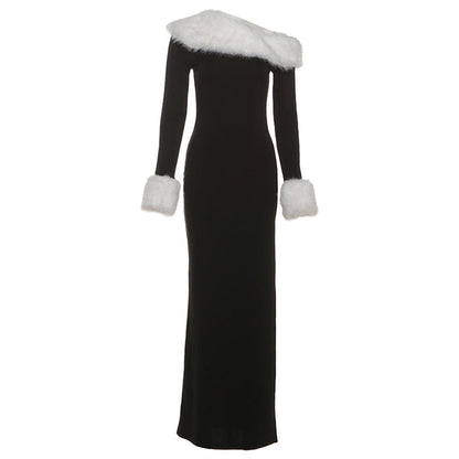 Autumn Winter Women Sexy Fur Collar Stitching Slim Fit Oblique Shoulder Color Matching Long Sleeve Elegant Dress by Ragazza