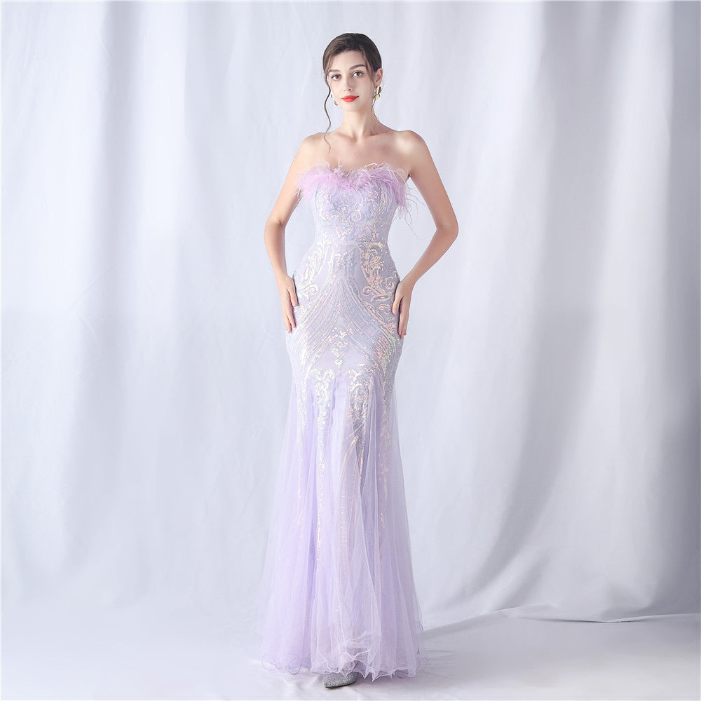 Ostrich Feather Positioning Floral Cutting Wedding Annual Meeting Tube Top Sequin Gauze Evening Dress by Ragazza