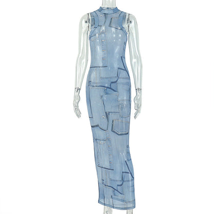 Women Clothing Micro Transparent Sexy Waist Tight Hip round Neck Maxi Dress by Ragazza