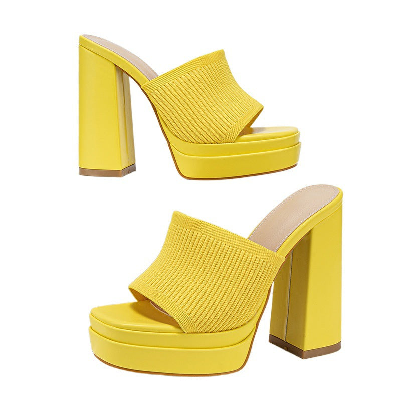 Women Shoes Popular Spring Summer Catwalk Platform Knitted Fashionable Chunky Heel Women High Heel Slippers  DestGlow