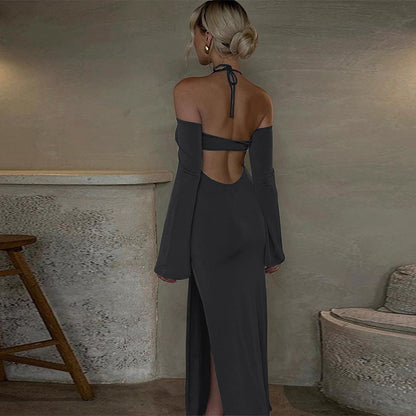 Women Clothing Sexy Halter Dress Autumn Winter Sweet Spicy Wind Niche Design Slit Dress by Ragazza
