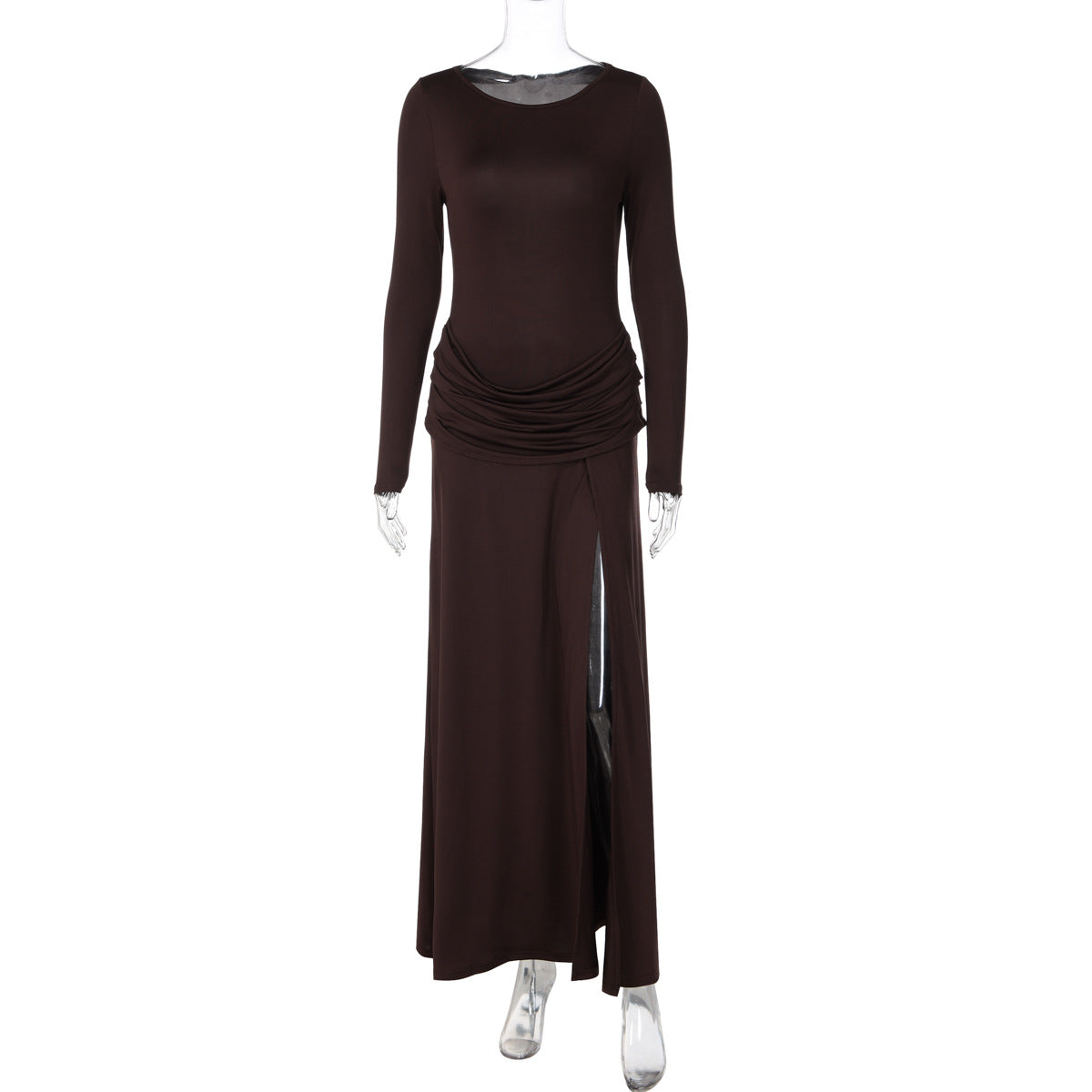 Women Dress Autumn Fashionable Solid Color round Collar Long Sleeved Pleated Slit Dress  DestGlow