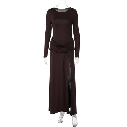 Women Dress Autumn Fashionable Solid Color round Collar Long Sleeved Pleated Slit Dress  DestGlow