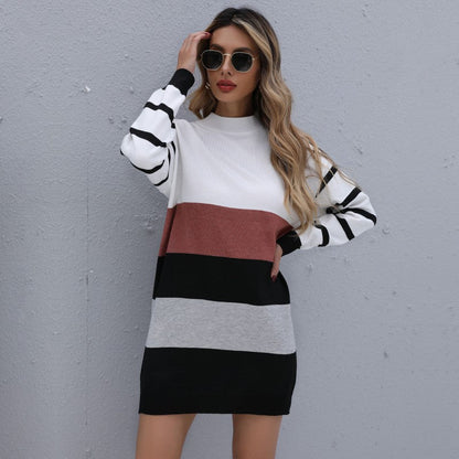 Women Clothing Autumn Winter Color Matching Fashionable Long Knitted Base Sweater Dress  DestGlow