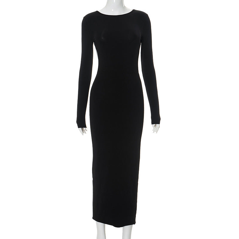 Solid Color Hip Round Neck Backless Long Sleeves Sexy Dress by Ragazza