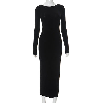 Solid Color Hip Round Neck Backless Long Sleeves Sexy Dress by Ragazza