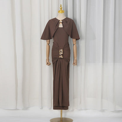 Elegant Lady Shawl Dress Summer Solid Color Stitching Metal Buckle Tight Waist Slim Hip Dress  DestGlow