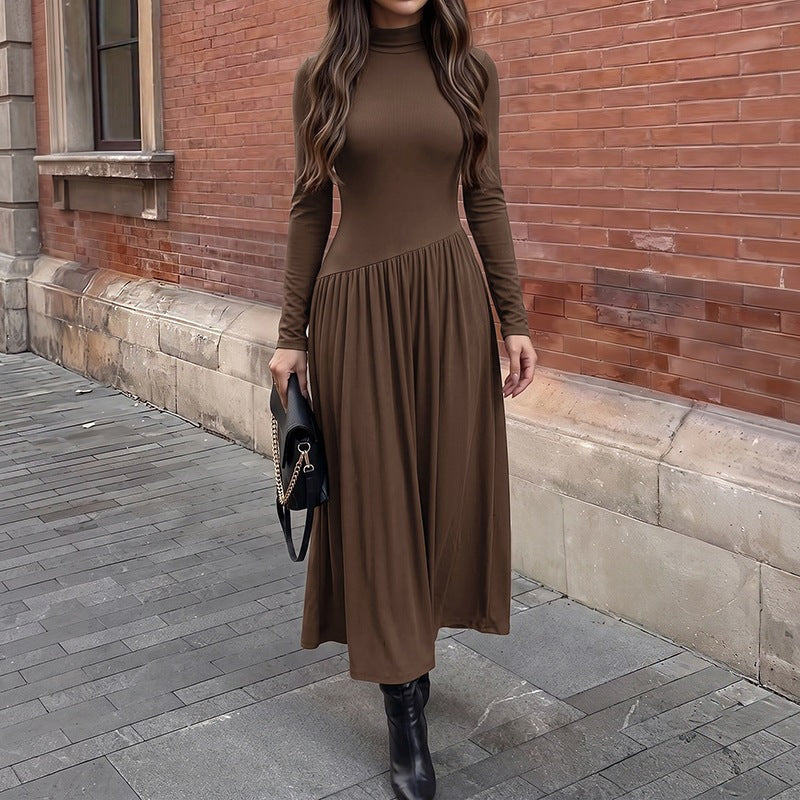 Casual Laid Back Solid Color Half Collar Stitching Long Sleeve Dress  DestGlow