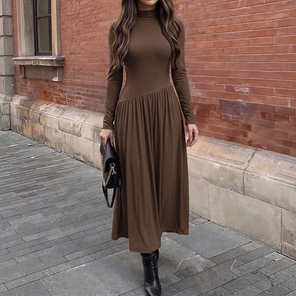 Casual Laid Back Solid Color Half Collar Stitching Long Sleeve Dress  DestGlow