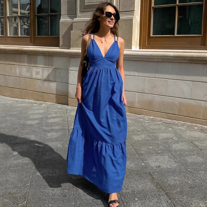 French Vacation Blue Cotton Linen V neck Strap Backless Dress Spring Summer Dress by Ragazza