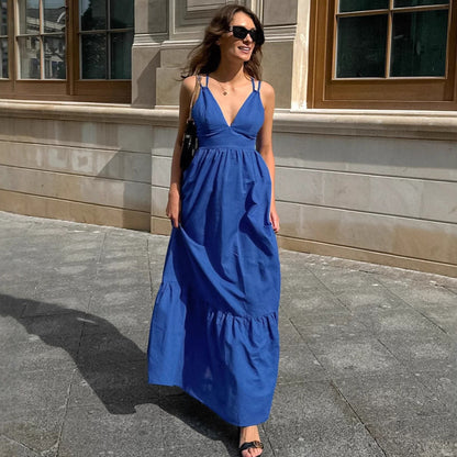 French Vacation Blue Cotton Linen V neck Strap Backless Dress Spring Summer Dress by Ragazza