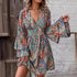 Autumn Winter Elegant Women Floral Print V neck Flare Sleeve Dress by Ragazza