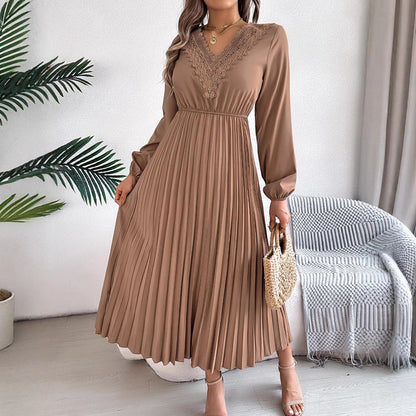 Spring Summer Elegant V neck Lace Cinched Pleated Maxi Dress Women Clothing by Ragazza