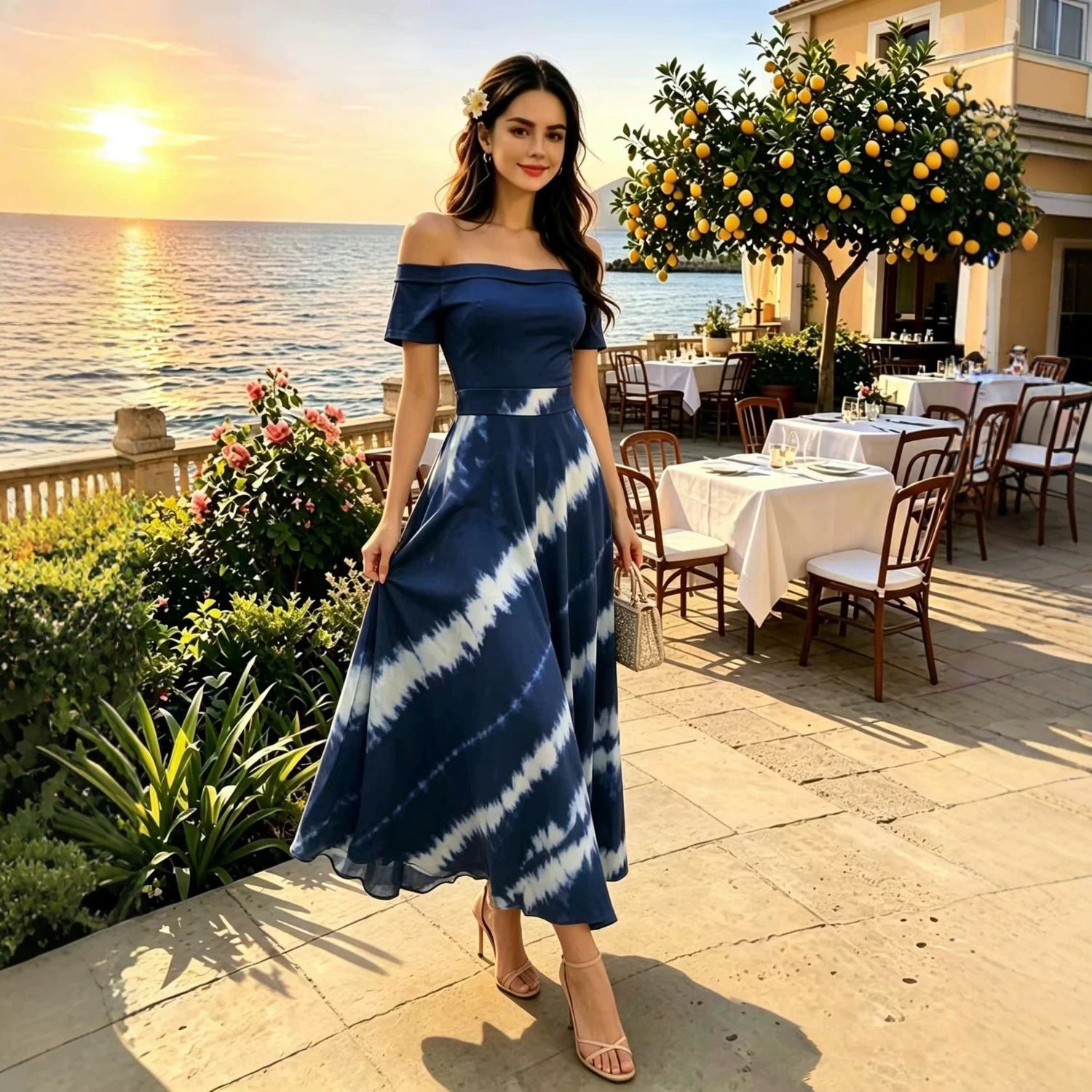 Printed Spring Summer off Shoulder Elegant Short Sleeve Slim Women Dress  DestGlow