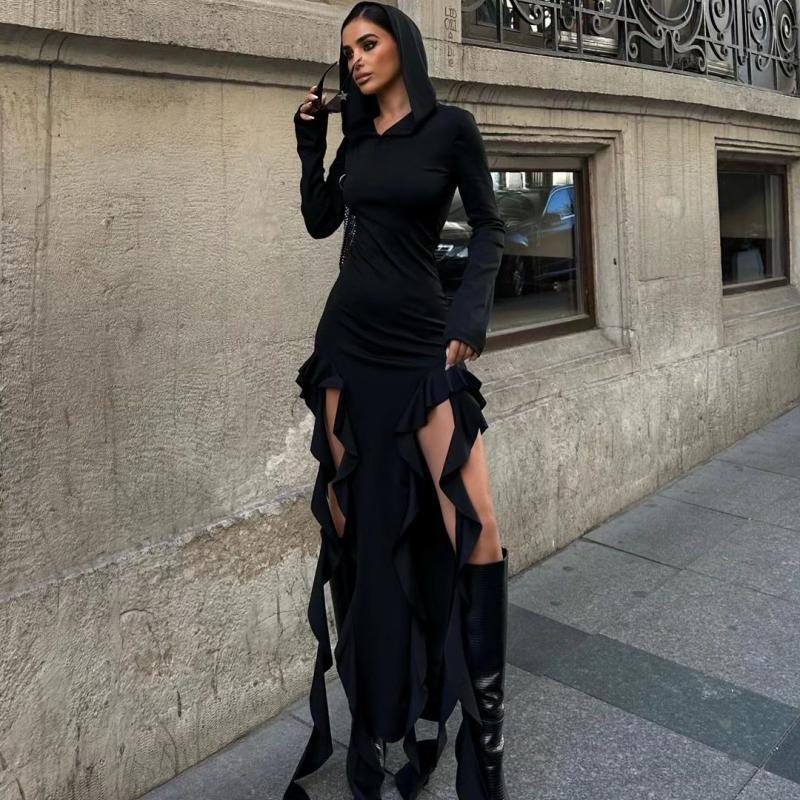 Summer Popular Trend Ruffled Stitching Long Sleeve Hooded Irregular Asymmetric Dress by Ragazza