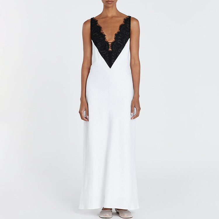 Stitching Design Lace Contrast Color Cami Dress Women Sexy Backless V neck Sleeveless Sheath Dress by Ragazza
