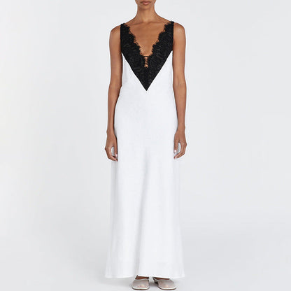Stitching Design Lace Contrast Color Cami Dress Women Sexy Backless V neck Sleeveless Sheath Dress by Ragazza