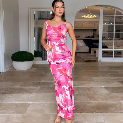 Printed Sexy Backless Waist Trimming Hip Spaghetti Straps Dress Dress Beach Dress by Ragazza
