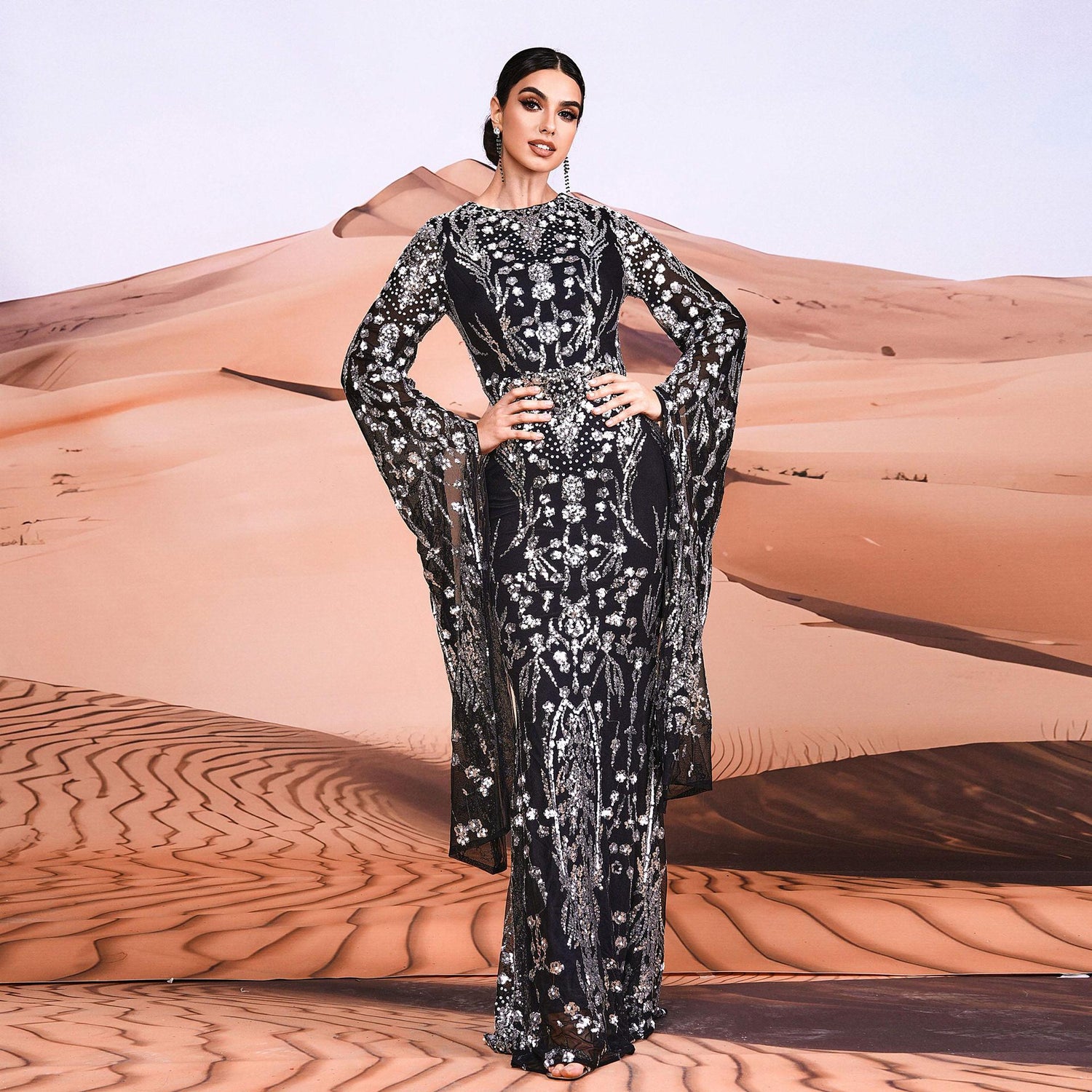 Super Long Sleeve Crew Neck Sexy Slim Long Sequined Cocktail Evening Dress Bridesmaid Dress by Ragazza