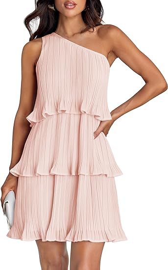 Spring Summer Women Clothing Oblique Shoulder Layered Stitching Hem Solid Color Dress Women by Ragazza