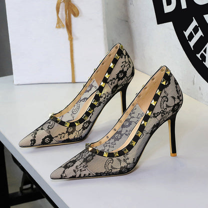 Sexy Lace Mesh Pointed Toe Super High Heel Women Shoes Decorative Rivets Low Cut Stiletto Heel Pumps  DestGlow
