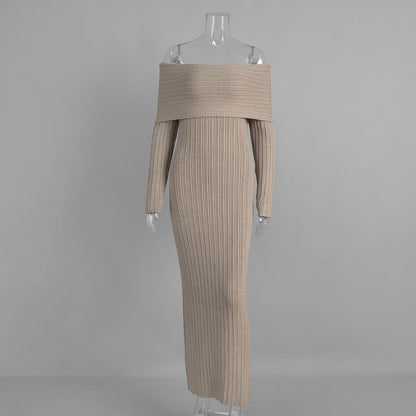 Knitted off Shoulder Long Sleeved Dress Autumn Winter off Shoulder Hip Knitwear Dress Women by Ragazza