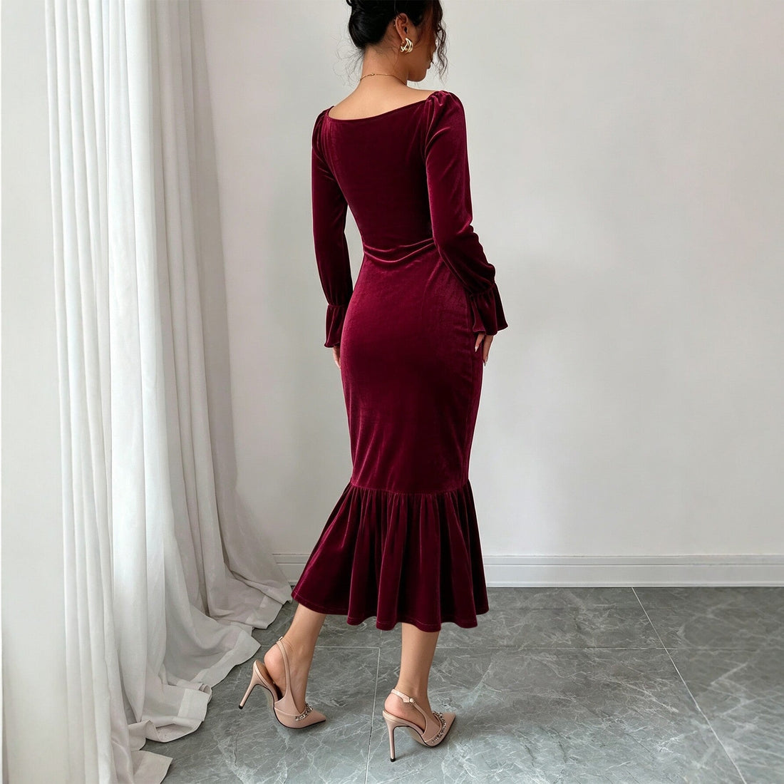 Women Clothing Velvet V neck Dress Autumn Winter Waist Slimming Irregular Asymmetric Fishtail Hip Wrapped Mid Length Dress  DestGlow