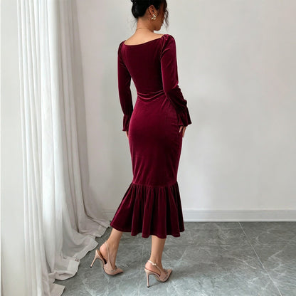 Women Clothing Velvet V neck Dress Autumn Winter Waist Slimming Irregular Asymmetric Fishtail Hip Wrapped Mid Length Dress  DestGlow