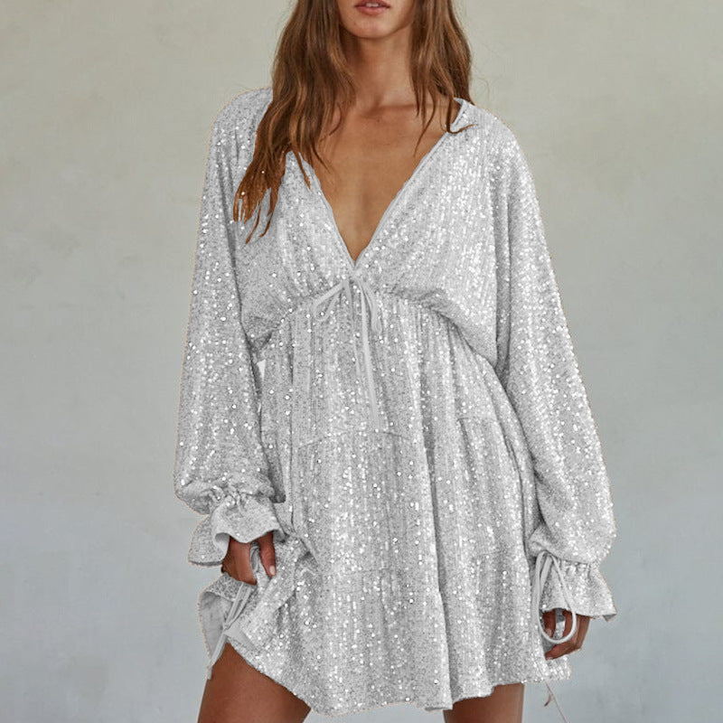 Lace up V neck Sequin Dress Sexy Drape Dress Women Summer  DestGlow