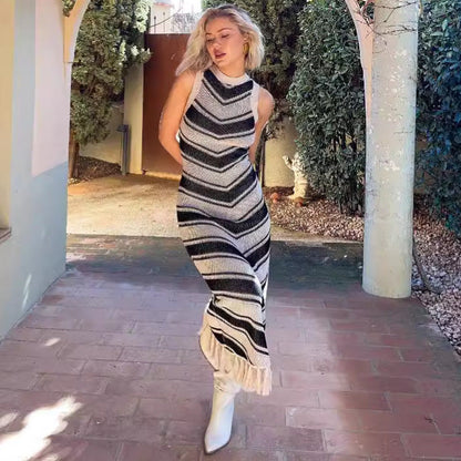 Sexy Tight Striped Tassel Knitted Dress Women Sleeveless Summer Midi Dress by Ragazza
