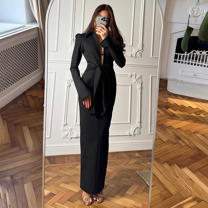 Fall Women Clothing Solid Color Collared Waist Tight Slim Fit Lace up Long Sleeve Zipper Dress by Ragazza