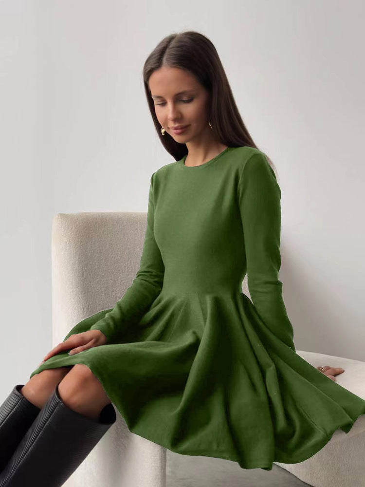 Round Neck Waist Trimming Knitted Dress Women All Match Advanced Pleated Woolen by Ragazza