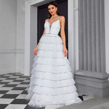 Suspender V neck Evening Dress Tube Top Dress Layered Women Dress by Ragazza