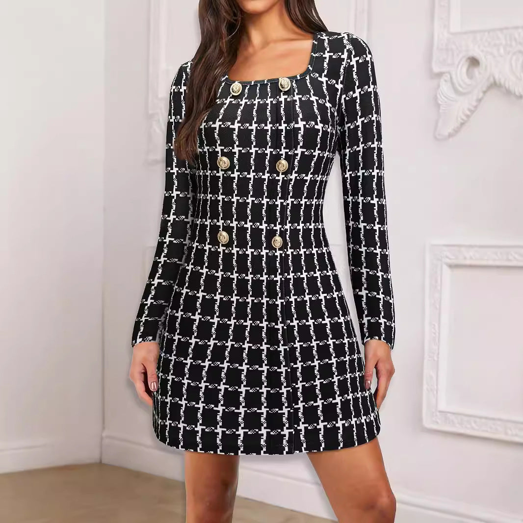 Women Dress Women Clothing Elegant Office Square Collar Plaid Printed Fastener Decoration Long Sleeve Dress by Ragazza