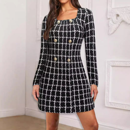 Women Dress Women Clothing Elegant Office Square Collar Plaid Printed Fastener Decoration Long Sleeve Dress by Ragazza