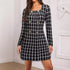 Women Dress Women Clothing Elegant Office Square Collar Plaid Printed Fastener Decoration Long Sleeve Dress by Ragazza