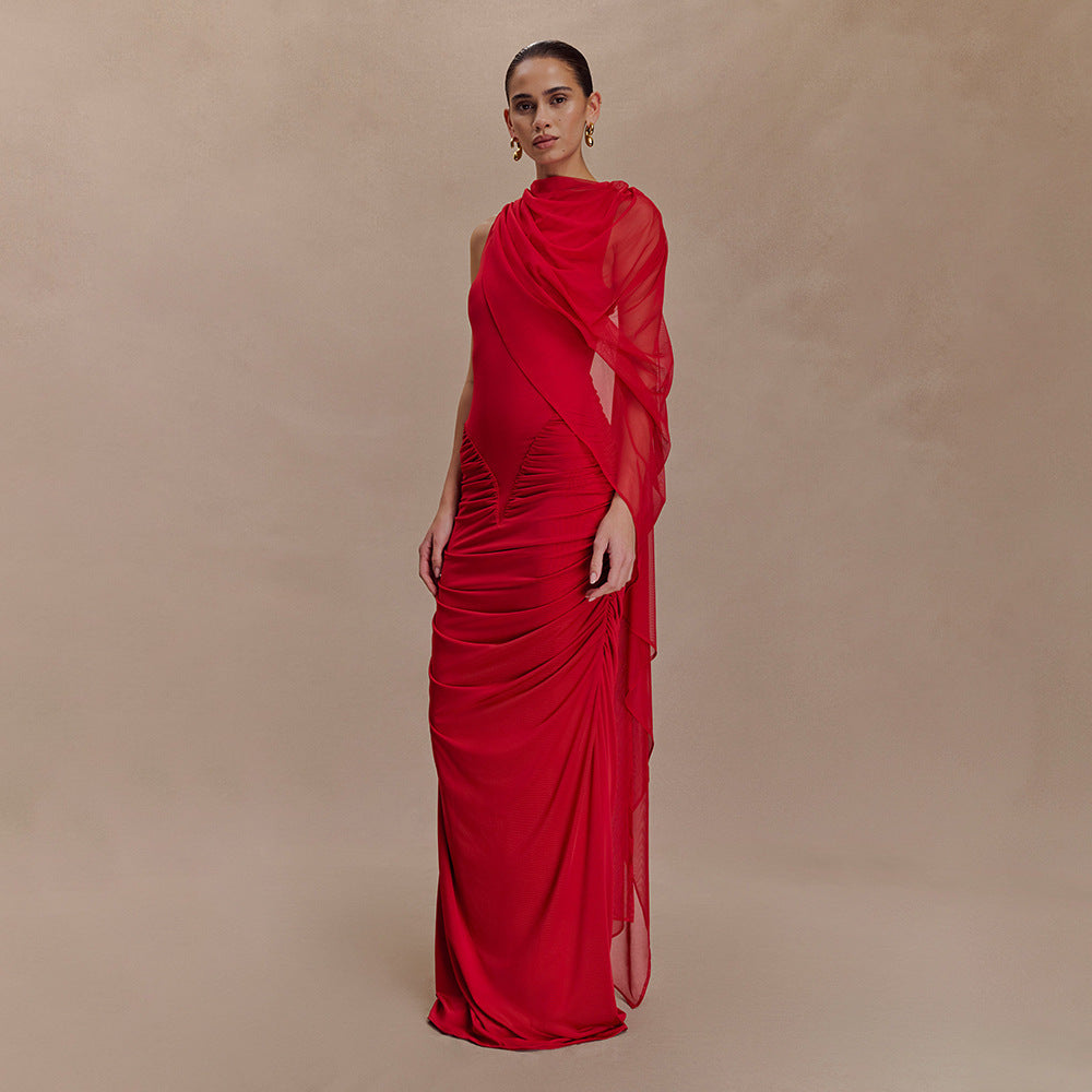 Fashionable Pleated Mesh Shawl Dress Sexy Sheath round Neck Slim Dress by Ragazza