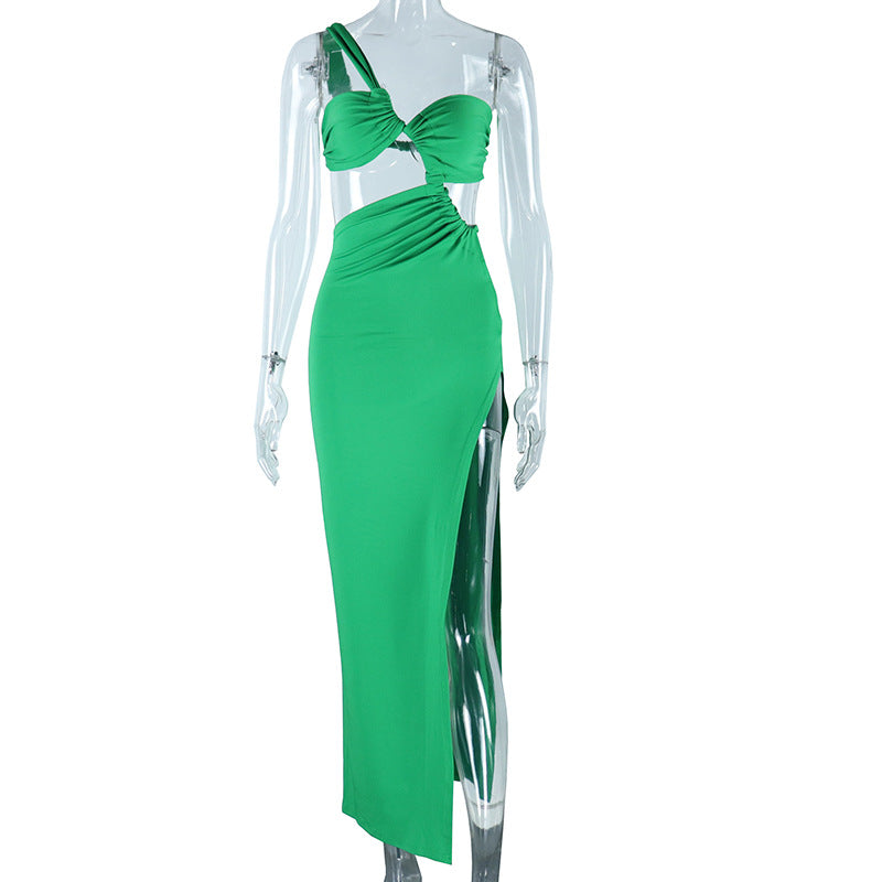 Sloping Shoulder Dress Solid Color Pullover Sexy Backless Evening Dress Long Socialite Split by Ragazza