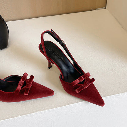 French Elegant Socialite Bow Suede Hollow Out Cutout Stiletto Heel Women Shoes Pointed Toe Buckle Shallow Mouth  DestGlow