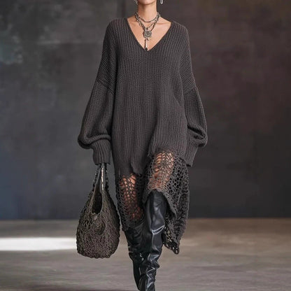 V neck Knitted Dress Irregular Asymmetric Hem Hollow Out Cutout out Loose Dress by Ragazza