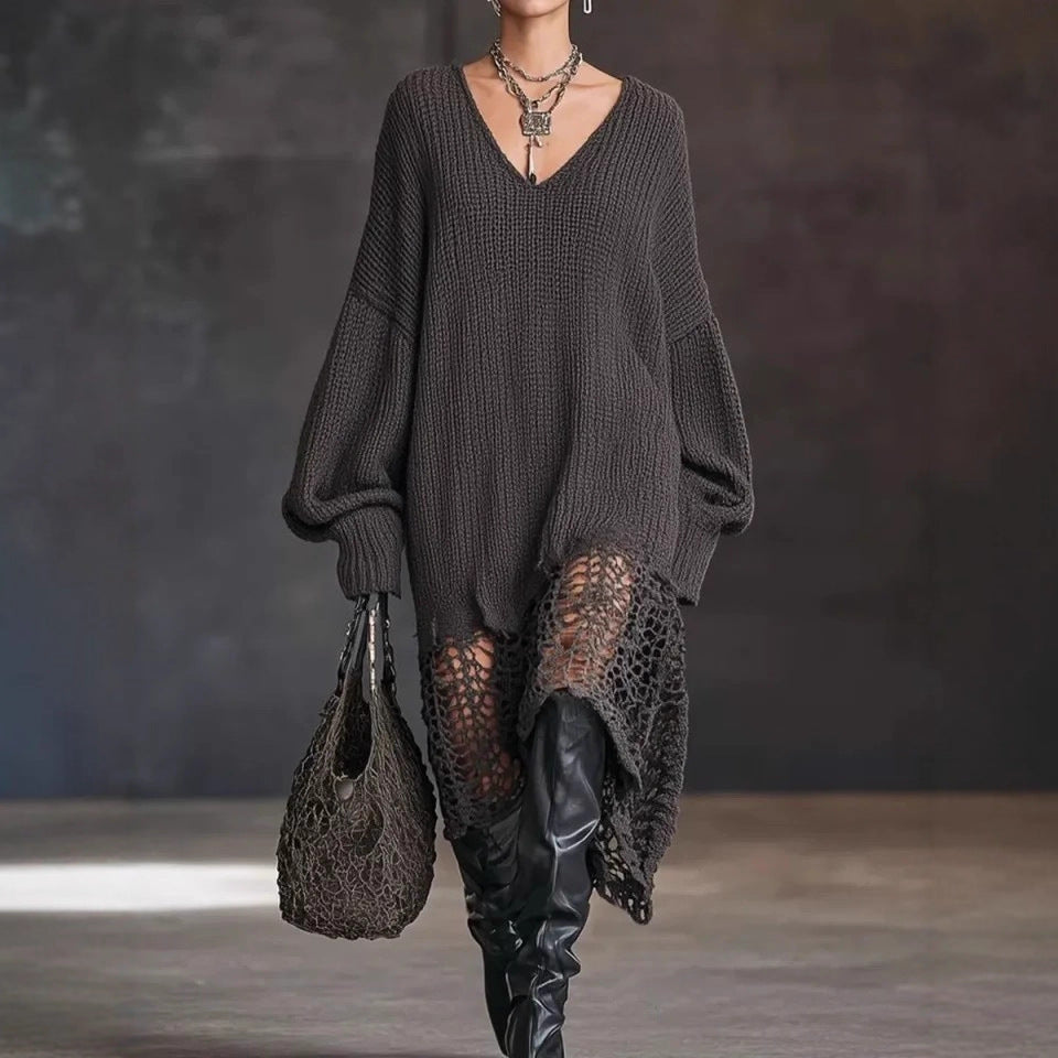 V neck Knitted Dress Irregular Asymmetric Hem Hollow Out Cutout out Loose Dress by Ragazza