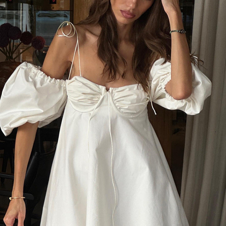Sexy Low Cut off Neck Bubble Sleeve Tube Top Dress Sexy Backless White Cami Dress by Ragazza