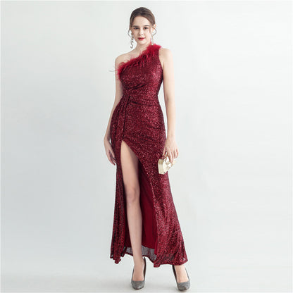Hand Nailed Ostrich Feather Off Shoulder Roman Collar High End Sequined Evening Dress by Ragazza
