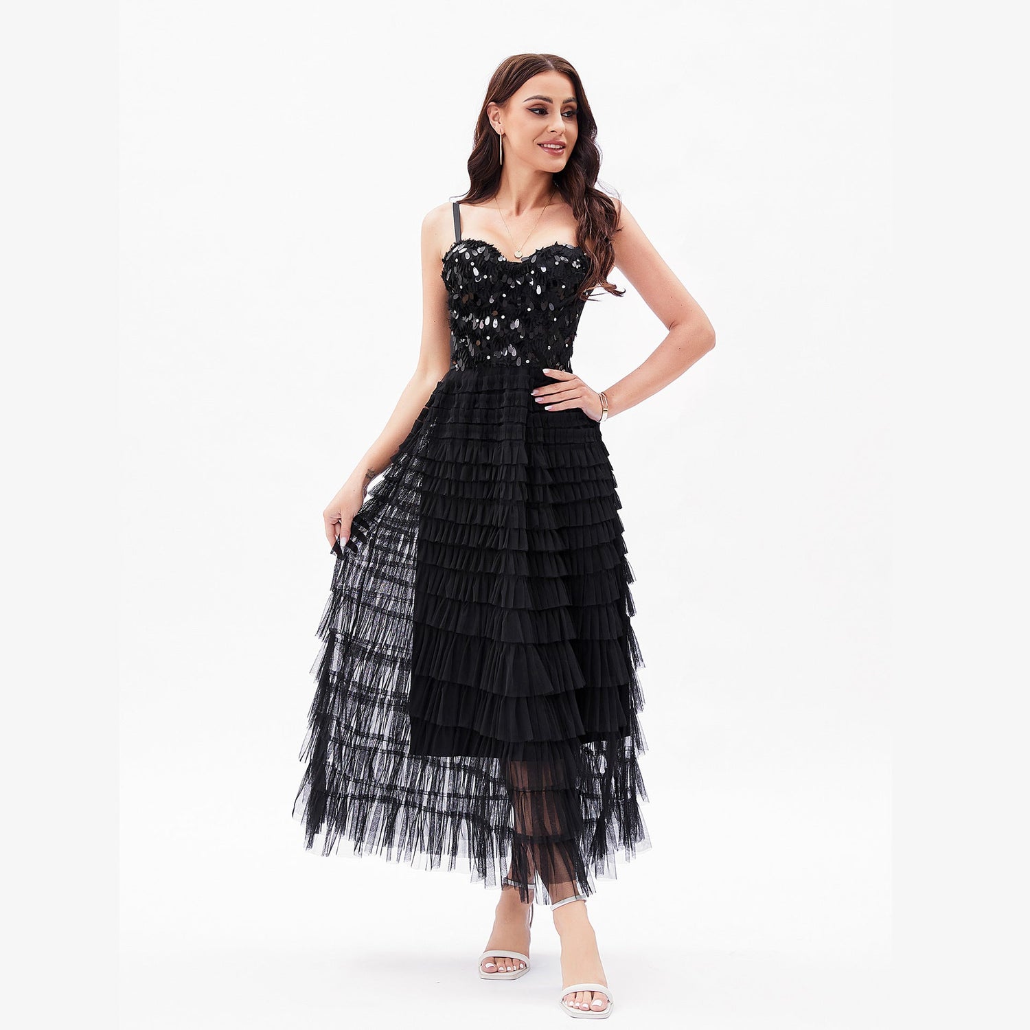 Sexy Socialite High Sense Black Paillette Beauty Back Underwear One Piece Dress Boning Corset Sling Multi-Layer Tiered Dress by Ragazza
