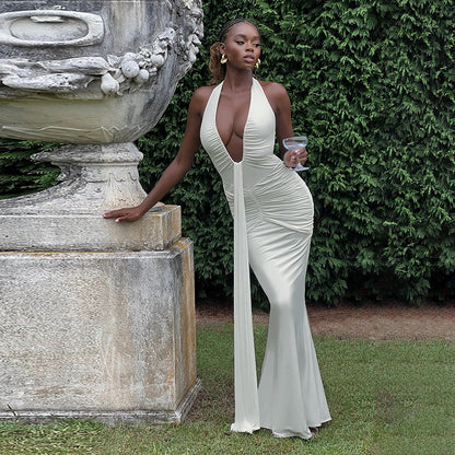 Spring Summer Women Elegant Sexy Deep V Plunge neck Halter Slim Pleated Dress Women by Ragazza