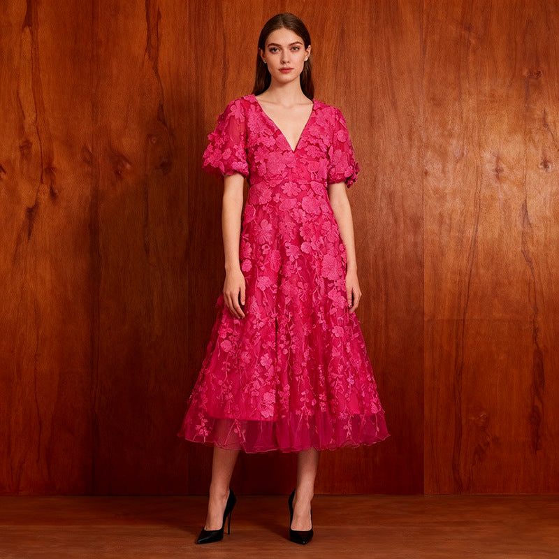 Elegant Women Elegant Simple Bubble Sleeve High Waist V neck Embroidered Dress Autumn Patchwork Dress by Ragazza